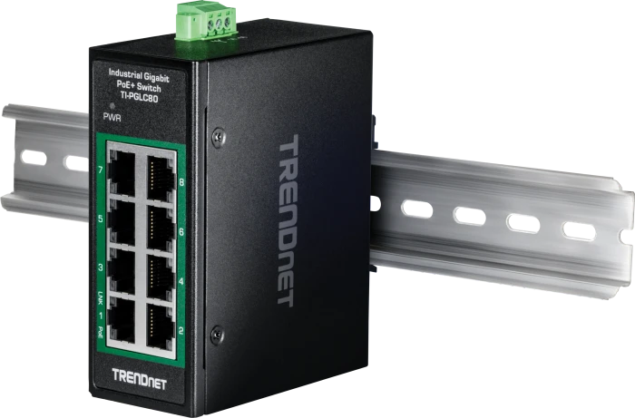 TRENDnet TI Hardened Industrial Railmount Gigabit Switch, 8x RJ-45, 200W PoE+