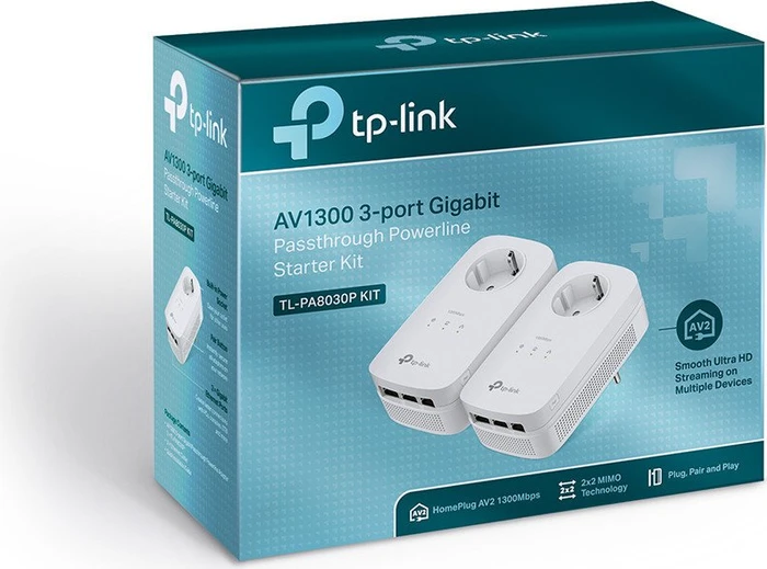 TP-Link Powerline AV1300 Passthrough Starter Kit, HomePlug AV2, 3x RJ-45, 2er-Pack