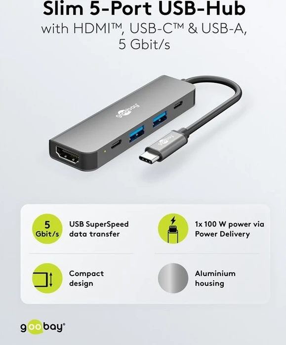 Wentronic goobay Slim 5-Port USB-Hub mit HDMI, USB-C 3.0 [Stecker]