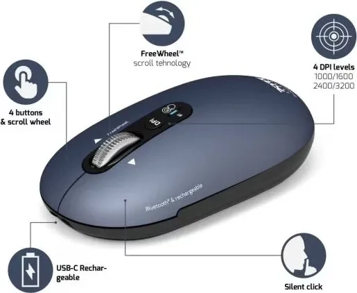 Port Designs Pure Mac Bluetooth Rechargeable Mouse, Inky Blue, Bluetooth