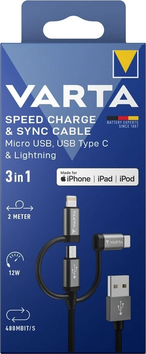 Varta 3in1 Speed Charge & Sync Cable 2m schwarz