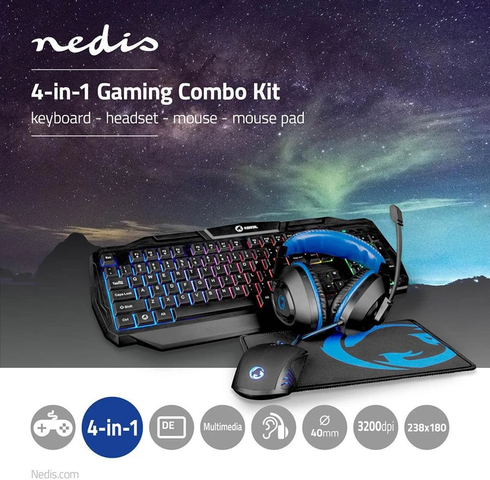 Nedis 4in1 Gaming Combo Kit, Tastatur, Headset, Maus und Mousepad, USB, DE