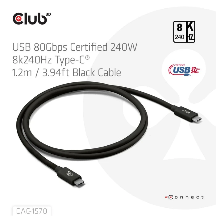 Club 3D USB-C Kabel, USB4 Gen4x2, 80Gb/s, 8K240Hz, 240W PD EPR, USB-C Stecker auf USB-C Stecker, 1.2m, schwarz