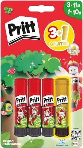 Pritt Original Klebestift, 4 Stück (3x 11g Original + 1x 10g Neon)