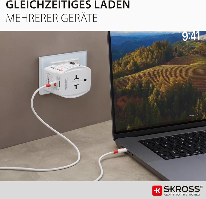 Skross World Travel Adapter MUV USB AC65PD, 1x USB-A, 1x USB-C, mit USB-C Kabel, weiß