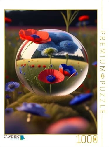Calvendo Ein Kornfeld mit Mohn- und Kornblumen spiegelt sich in einer Kugel. Erstellt mit KI