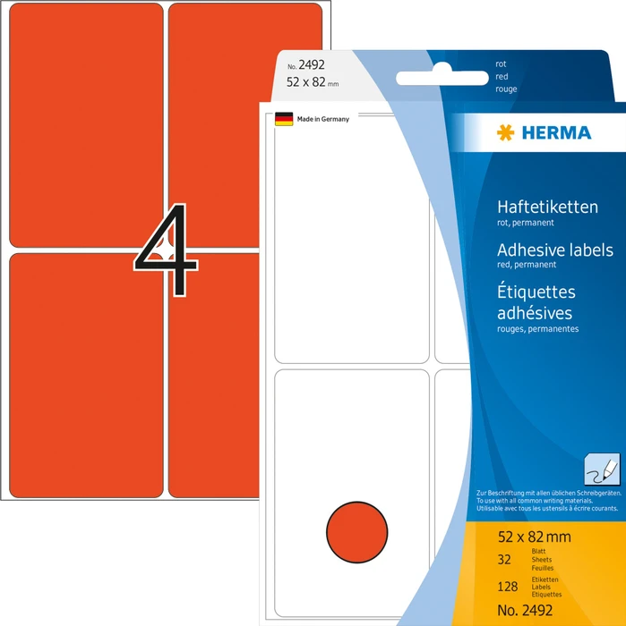 Herma Vielzwecketiketten, 52x82mm, rot, 32 Blatt (128 Etiketten)