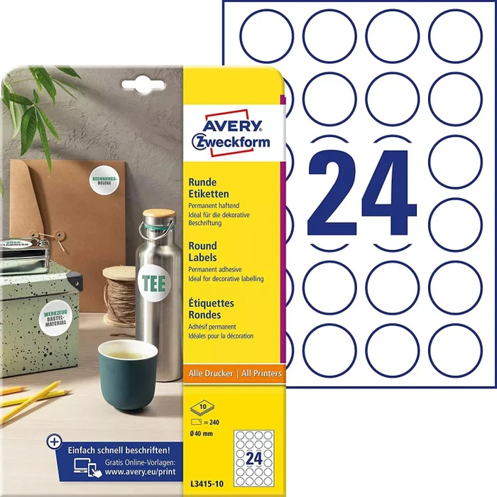 Avery-Zweckform Etiketten rund, 40mm, weiß, 10 Blatt (240 Etiketten)