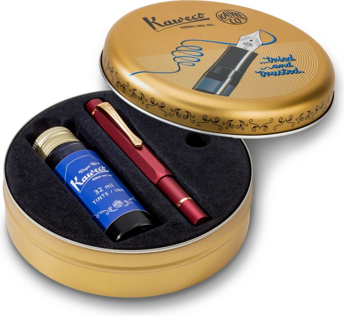 Kaweco Piston Sport AL Starter Set mit Tinte bordeaux/gold, rechte Hand, breit