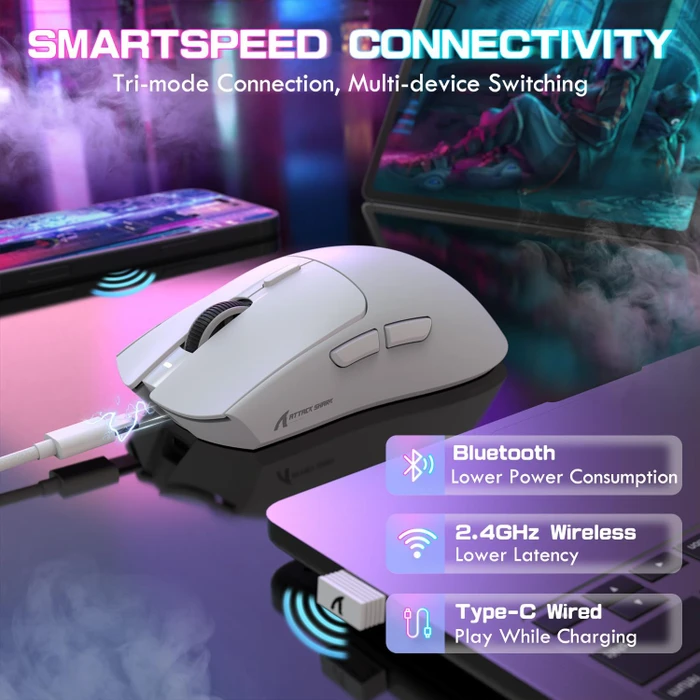 Attack Shark X1 Tri-mode Wireless Gaming Mouse mit Ladestation, weiß, USB/Bluetooth