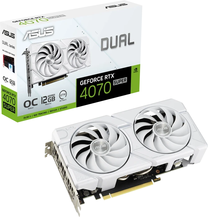 ASUS Dual GeForce RTX 4070 SUPER EVO White OC, DUAL-RTX4070S-O12G-EVO-WHITE, 12GB GDDR6X, HDMI, 3x DP