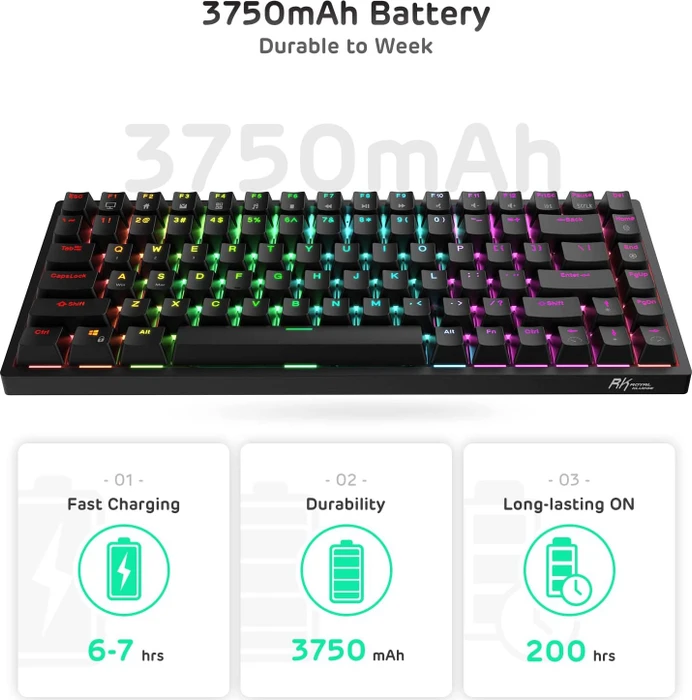 RK Royal Kludge RK84 75% Wireless, schwarz, LEDs RGB, hot-swap, RK BROWN, USB/Bluetooth, DE