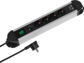 Vivanco Professional EPLS 4USB_ALU mit USB-Ladefunktion und Überspannungsschutz, Schalter, 4-fach, 1.6m, schwarz/silber