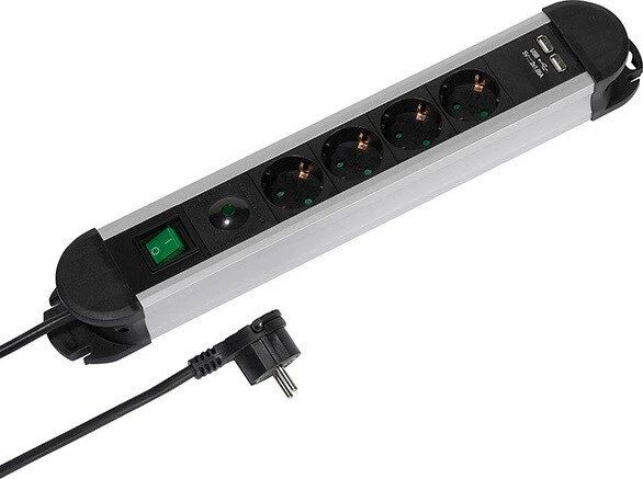 Vivanco Professional EPLS 4USB_ALU mit USB-Ladefunktion und Überspannungsschutz, Schalter, 4-fach, 1.6m, schwarz/silber