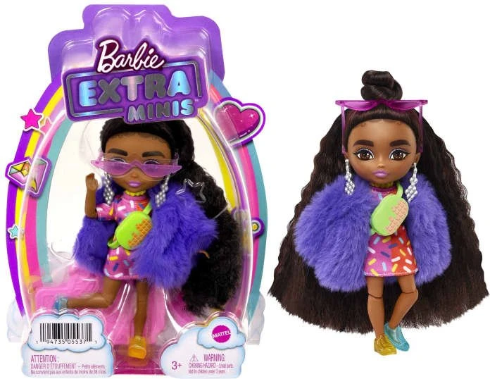 Mattel Barbie - Extra Minis Puppe mit Kleid & Pelzmantel mit Streuseldruck