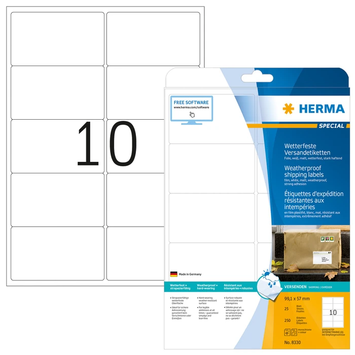 Herma Folienetiketten, 99.1x57mm, wetterfest, weiß, matt, 25 Blatt (250 Etiketten)