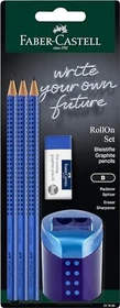 Faber-Castell Grip 2001 Bleistift B graphit, blau, Radierer, Anspitzer, 5er-Set