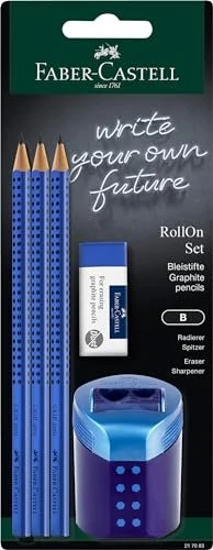 Faber-Castell Grip 2001 Bleistift B graphit, blau, Radierer, Anspitzer, 5er-Set