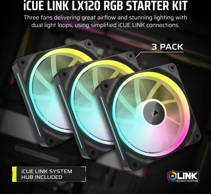 Corsair iCUE LINK LX120 RGB Starter Kit, schwarz, LED-Steuerung, 120mm, 3er-Pack