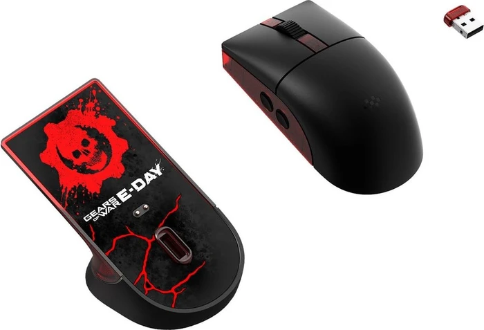 8BitDo Retro R8 Mouse mit Ladestation, Gears of War E-Day Edition, schwarz/rot, USB/Bluetooth