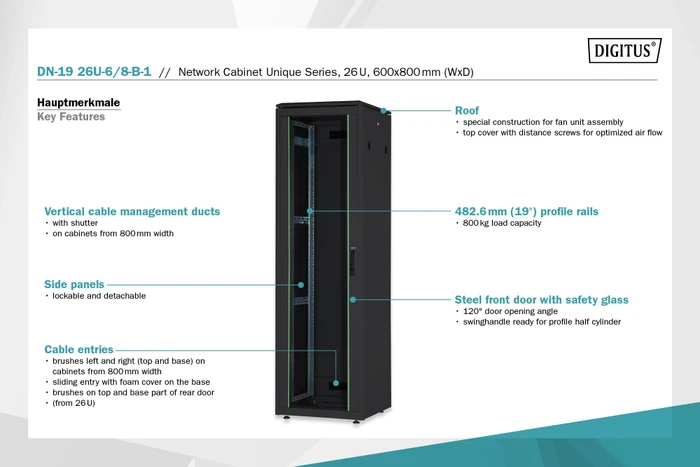 Digitus Professional Unique Serie Serverschrank 26HE, Sicherheitsglastür, IP2X, schwarz, 800mm tief