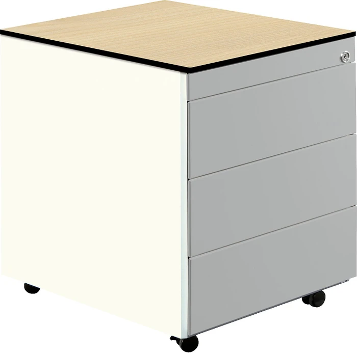 mauser Rollcontainer line, 1x Utensilienauszug, 3x Materialschublade, reinweiß/ahorn/weißaluminium