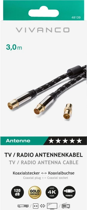 Vivanco Antennen-Kabel mit Nylonummantelung, Koax-Stecker - Koax-Kupplung, 120dB, 3m, schwarz