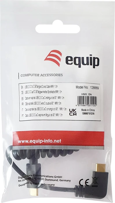 Equip USB-C Spiralkabel, USB 2.0, 60W PD, USB-C [Stecker] auf USB-C [Stecker],gewinkelt, 1m, schwarz
