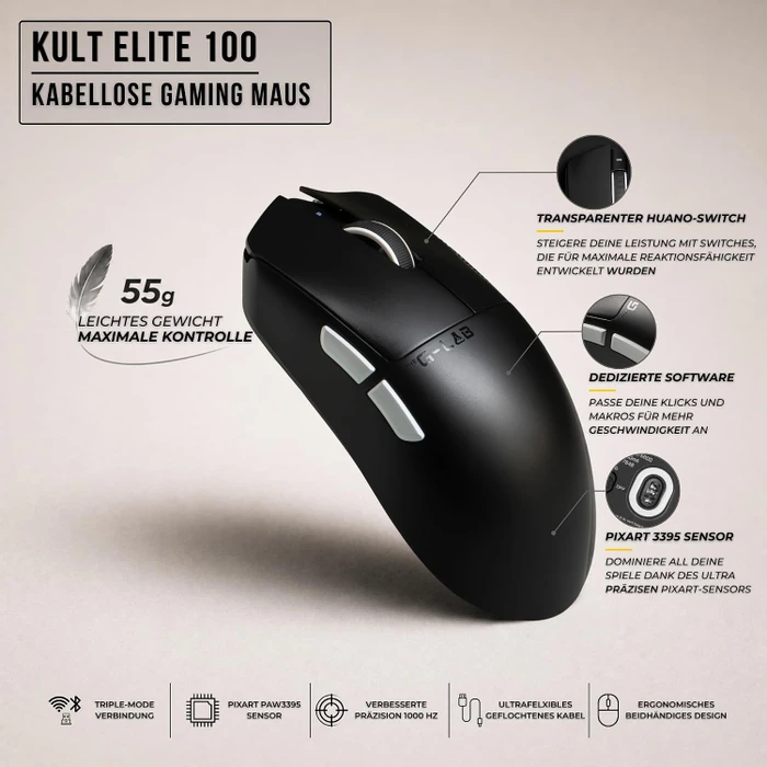 The G-Lab Kult Elite M100 Wireless Gaming Mouse, schwarz, USB/Bluetooth