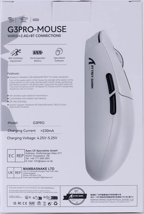 Attack Shark G3Pro Tri-mode Wireless Gaming Mouse mit Ladestation, Berry Red, USB/Bluetooth
