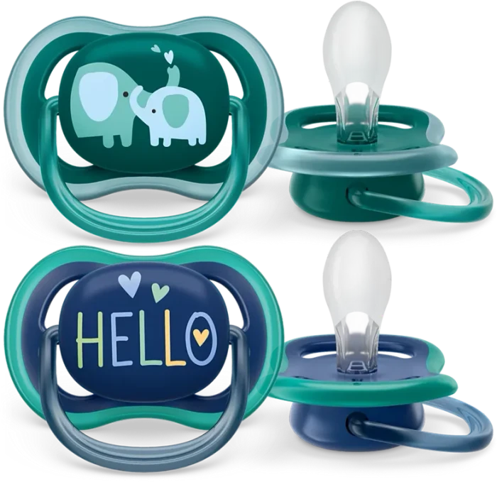Philips Avent SCF349/18 Ultra Air Beruhigungsschnuller, 18+M, Silikon, hello elephant grün/blau, 2 Stück