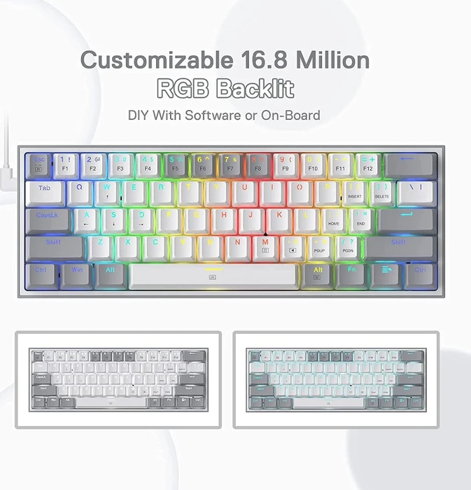 Redragon K617 Fizz, 60%, weiß/grau, LEDs RGB, hot-swap, Outemu Red, USB, US
