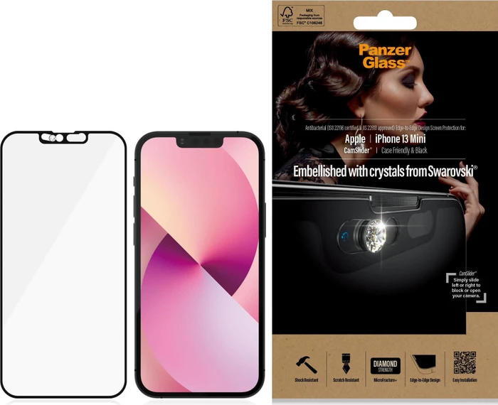 PanzerGlass Edge-to-Edge Case Friendly & CamSlider AntiBacterial Swarovski für Apple iPhone 13 Mini schwarz