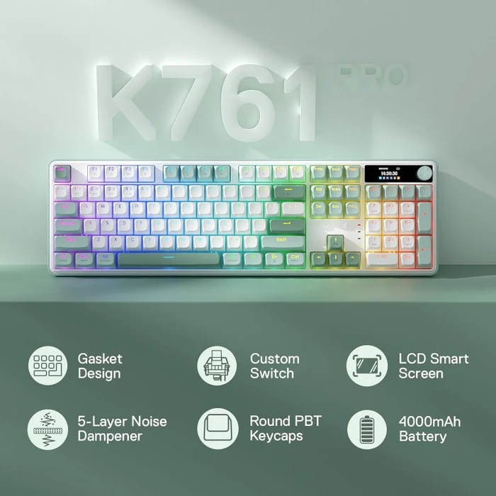 Redragon Wyvern K761 Pro Wireless, Jade Cloud, LEDs RGB, Mint Mambo, USB/Bluetooth, US