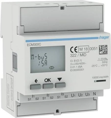 Hager Energiezähler 3phasig für Wandlerverähltnis 1A oder 5A, 4M, MBUS, MID