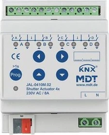 MDT Jalousieaktor JAL 4-fach, 4TE REG, 10A, 230V/300W, mit Fahrzeitmessung, Schaltaktor (JAL-0410M.02)
