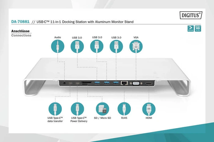 Digitus USB-C Docking Station 11-in-1 mit Aluminium Monitor Stand, silber