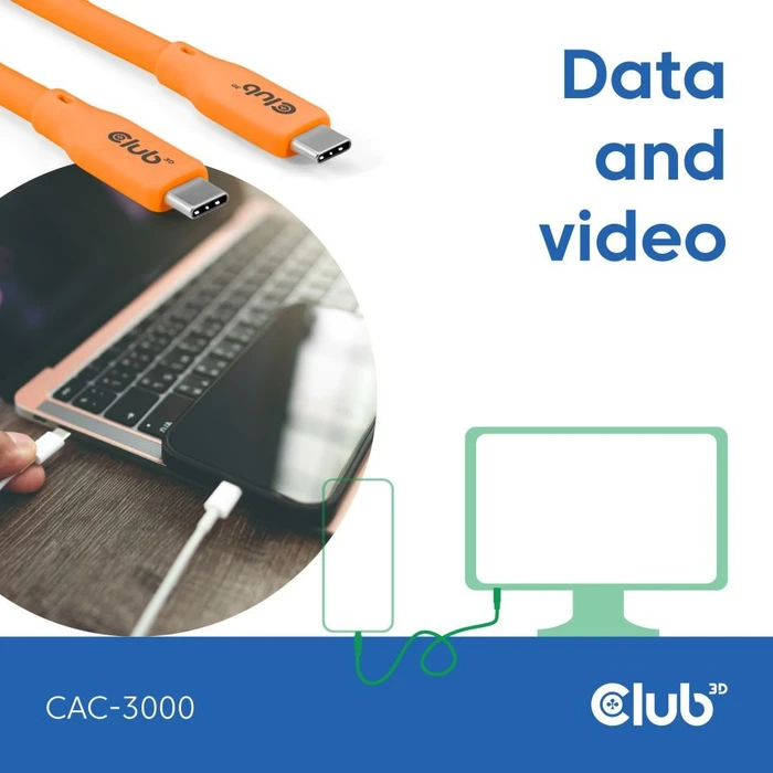 Club 3D USB4 Kabel, 20Gb/s, 240W PD EPR, USB-C Stecker auf USB-C Stecker, 2m, orange