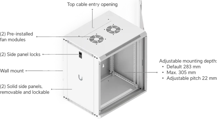 Ubiquiti 12U Rack Cabinet, 19" Wandgehäuse 12HE, Glastür, weiß, 450mm tief