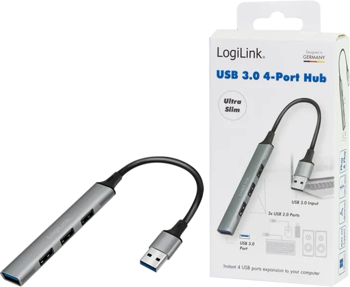 LogiLink 4-Port Slim-Hub, 1x USB-A 3.0/3x USB-A 2.0, USB-A 3.0 [Stecker]
