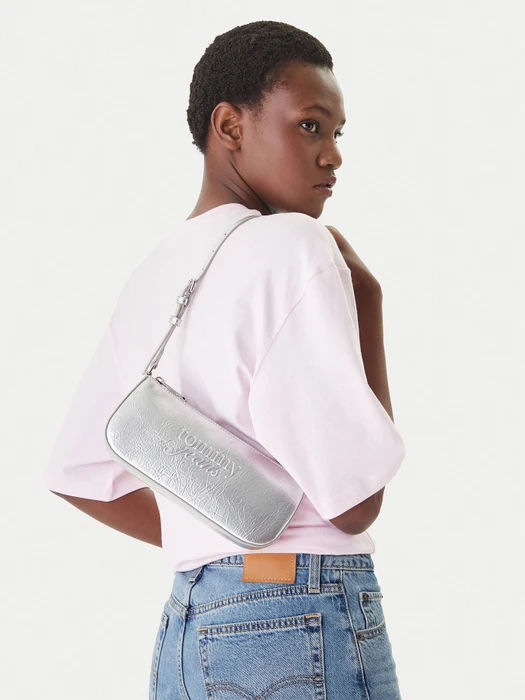 Tommy Hilfiger Metallic mit Struktur-Logo Schultertasche silber