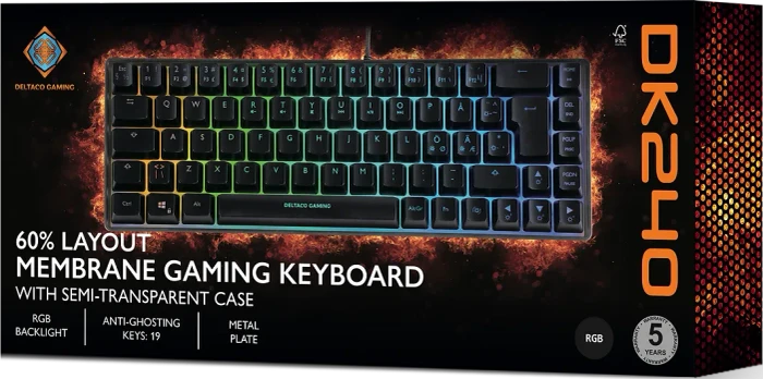 Deltaco Gaming DK240 Mini, 60%, schwarz, LEDs RGB, semi-transparent, USB, DE