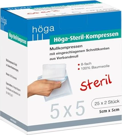 Höga Steril-Kompressen 8-fach, 5 x 5cm, 50 Stück (25x 2 Stück)