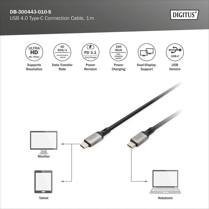 Digitus USB4 Kabel, 40Gb/s, 8K60Hz, 240W PD, USB-C Stecker auf USB-C Stecker, schwarz, 1m