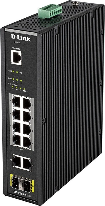D-Link DIS-200G Industrial Railmount Gigabit Smart Switch, 10x RJ-45, 2x SFP, 240W PoE+