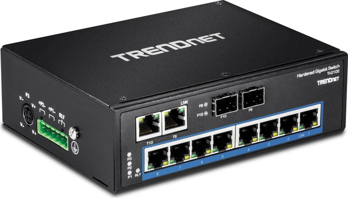 TRENDnet TI Hardened Industrial Railmount Gigabit Switch, 8x RJ-45, 2x RJ-45/SFP