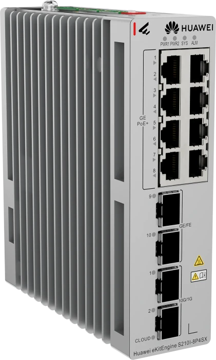 Huawei eKit SME Network eKitEngine S210I Series Industrial Railmount Gigabit Switch, 8x RJ-45, 2x SFP+, 2x SFP, 240W PoE+
