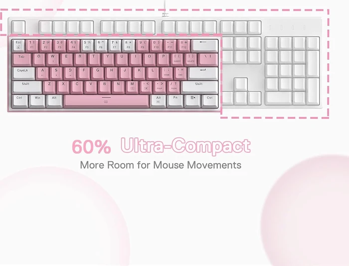 Redragon K617 Fizz, 60%, rosa/weiß, LEDs RGB, hot-swap, Outemu Red, USB, US