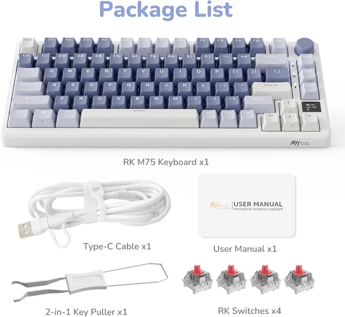 RK Royal Kludge M75 Wireless, weiß/violett, LEDs RGB, hot-swap, RK FAST SILVER, USB/Bluetooth, US