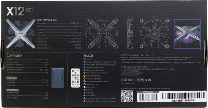 Alseye Xtreme X12 3in1 Kit, grau, LED-Steuerung, Fernbedienung, Lüftersteuerung, 120mm, 3er-Pack